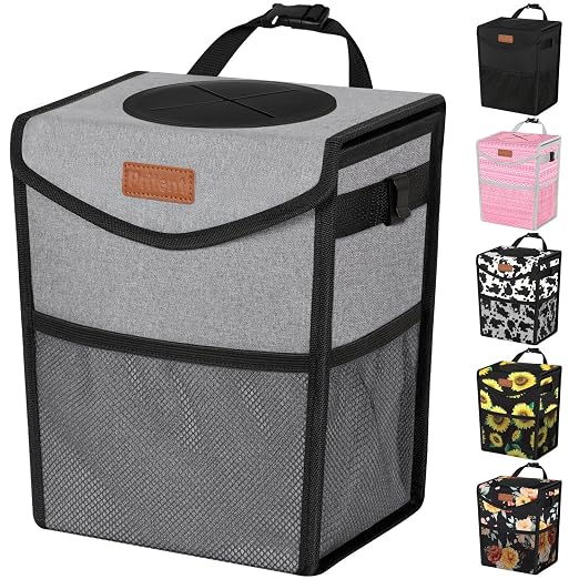 Pritent Car Trash Can with Lid Leakproof Car Garbage Bag Vehicle Trash Bin | Hanging Automotive Garbage Can,Multipurpose Car Accessories for Women Men Interior Car Storage Organizer(2.8 Gal,Grey) by Pritent