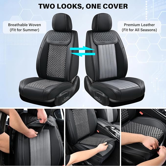 Coverado Leather Seat Covers for Car, Waterproof Car Seat Covers Full Set, 2 in 1 Conversions Car Seat Cover Protector Car Accessories Universal Fit for Most Cars SUVs and Trucks (Black&Gray) - Image 2