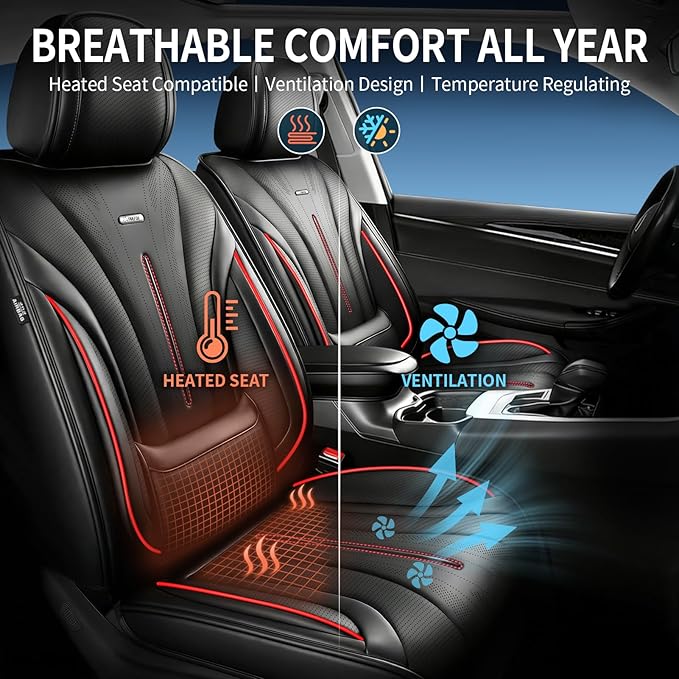Fit Wrangler 4-Door Seat Covers Fit for Jeep Wrangler 2007-2025, Front Pair | Premium Leather Full Coverage Protectors, Waterproof, Breathable, Scratch Resistant, Easy Wipe, Airbag Compatible, RedTrim - Image 5
