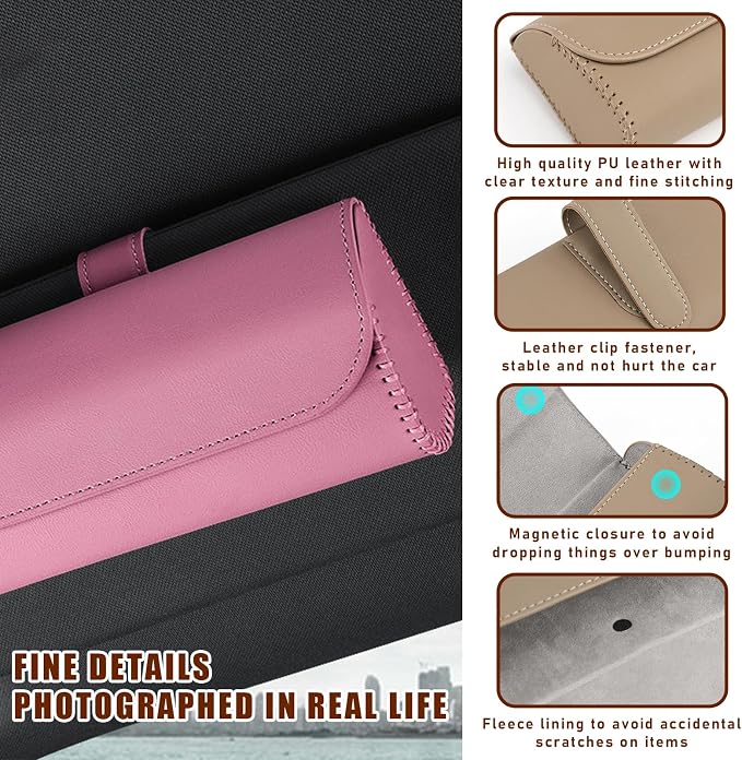 Augeny Sunglasses Holder for Car Sun Visor, Leather Auto Eyeglasses Storage Case with Hidden Magnetic Closure, Protective Glasses Organizer Box, Vehicle Visor Accessories for Woman Man (Pink) - Image 3