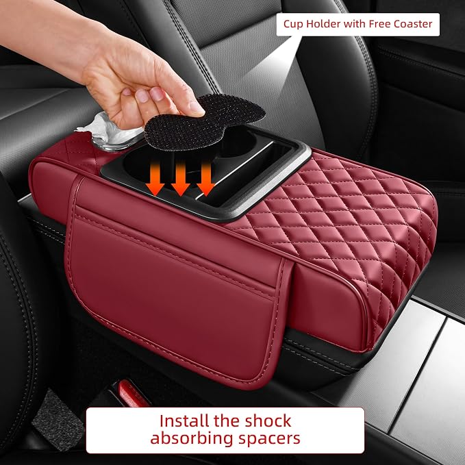 5 in 1 Nappa Leather Console Armrest Cover, Burgundy | Built-in cup holder, tissue slot, phone holder & 2 storage pockets, practical car accessories fit SUV sedan truck - Image 7