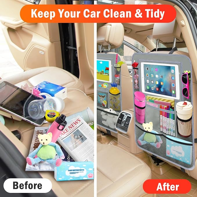 Car Backseat Organizer ，2 Pack Car Organizer Back Seat with 11" Tablet Holder, 10 Storage Pockets Seat Back Protectors Kick Mats for Kids Toddlers, Travel Accessories (Grey) - Image 8