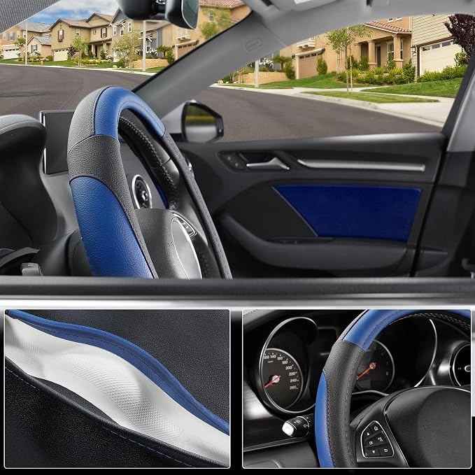 SEG Direct Car Steering Wheel Cover for Prius Civic Model 3 / Y 14"-14.25" | Small Size 35.5-36 cm for Camaro, Microfiber Leather, Anti-Slip Comfortable Grip, Auto Interior Accessories, Black and Blue - Image 3