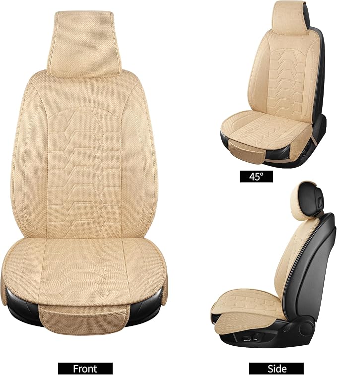 Linen Front Car Seat Covers Cloth Fabric Automotive Seat Protectors | Breathable Durable Anti-Slip All-Season Comfort Easy to Install Universal Fit for 95% of Cars Trucks SUVs Vans (Beige, 2PCS) - Image 3