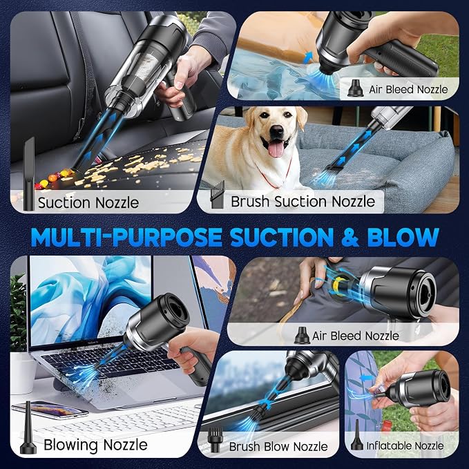 KMM Handheld Car Vacuum Cleaner, 10000PA Hand Held Vacuum & Air Duster | 120W High Power, Portable Cordless, Rechargeable with Multi-Nozzles & LED Light for Home, Car, Office - Image 4