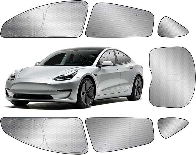 Custom Fit Tesla Model 3/Highland Side Window Sun Shade, Blackout 7PCS Set | Graphene honeycomb heat blocking fabric, blackout privacy, strong suction cups, foldable storage for baby, pets and camping by AUTOWOEL