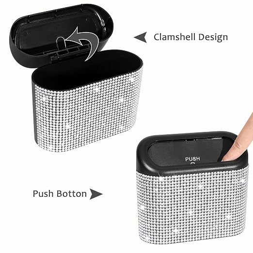 Accmor Bling Car Trash Can with Lid, Mini Auto Garbage Storage Bin with 60pcs Garbage Bags, Sparkling Crystal Trash Bags Holder Dustbin Vehicle Accessories Container Organizer (White Rhinestone) - Image 3