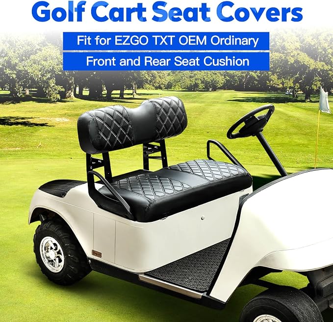 NOKINS Golf Cart Seat Covers 4 Piece Fits EZGO TXT 1994-2013/RXV 2008 up | Front and Rear Seat Vinyl Covers, Golf Cart Accessories, No Staples(Black&Black Stitch) - Image 2