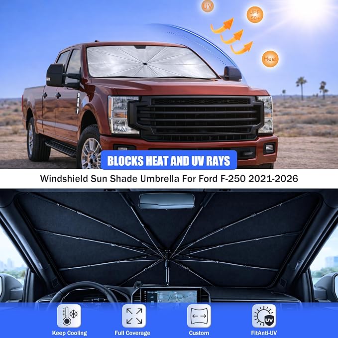 Car Windshield Sun Shade Umbrella for Ford F-250 2021-2026 | 2026 Upgraded,Custom-Fit Umbrella Sunshade,Easy Install,UV Protection & Heat Reflective,Keep Interior Cooler with Storage Bag - Image 3