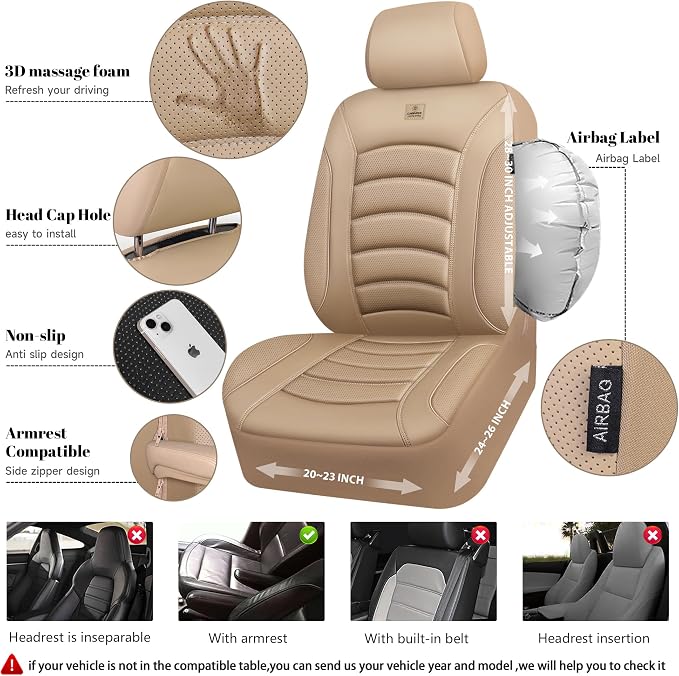 CAR PASS 3D Foam PU Leather Car Seat Covers, Universal Seat Covers Front 2 for Trucks SUV Sedan Automotive Seat Covers Armrest Airbag Compatible Waterproof Comfortable Faux Nappa Leather All Beige - Image 4