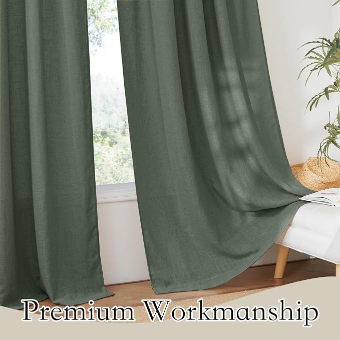 RYB HOME Green Linen Sheer Curtains 102 inches Long, Thick Heavy Textured Rod Pocket Machine Washable Privacy Assured for Living Room Bedroom, W 52 x L 102 inches, Hunter Green, 2 Panels - Image 5