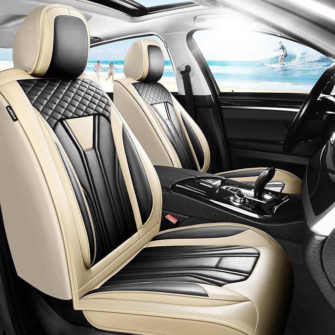 Fit bZ4X Premium Leather Car Seat Covers for Toyota bZ4X 2023-2025 2026 - Waterproof，Breathable，All-Weather Seat Cushion Protecto & Airbag Compatible, Full Set Beige&Black by Unknown