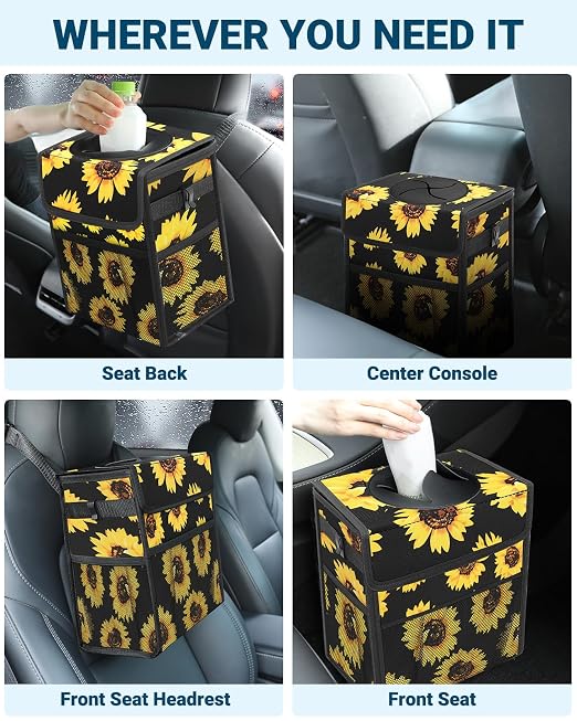 Capolo Car Trash Can with Lid, Leakproof Car Garbage Can Car Trash Bag | Waterproof, Trash Can for Car, 3 Mesh Pockets, Mini Hanging Vehicle Car Trash Bin, for Back/Front Seat (Sunflower,2.5 Gal) - Image 6