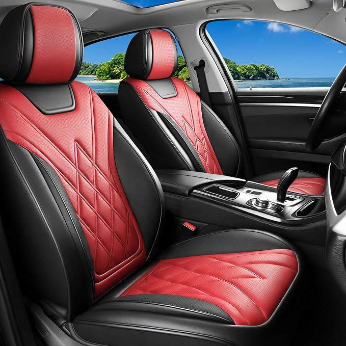 Car Seat Covers Compatible with GMC Yukon 2007-2025 2026 - Waterproof & Breathable Luxury Leather All-Weather Seat Cushions Protectors, Airbag Compatible, Only 2 Front seat Covers (Red) by Unknown