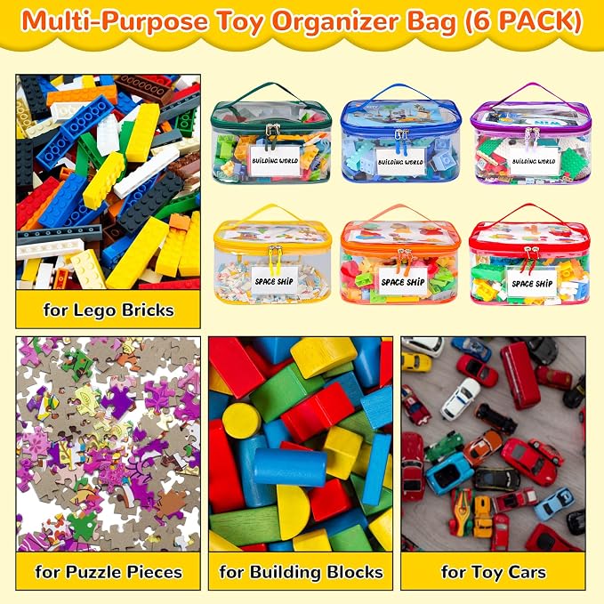 Tesuko 6 Pack Clear Toy Storage Bag with Name Tag& Manual Pocket, Waterproof Transparent PVC Toy Organizer Case for Lego Bricks, Board Games, Building Blocks, Puzzles (Large Capacity, Colorful) - Image 5