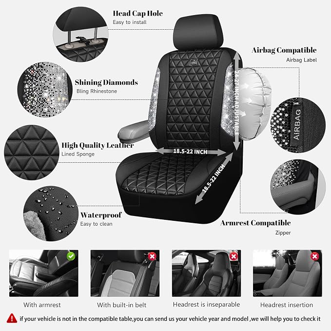 CAR PASS Bling Diamond Leather Car Seat Covers for 2 Front Interior Sets, Waterproof Shining Glitter Sparkly Crystal Universal Armrest Fit Automotive Truck SUV Cute Women Girl, Black Silver Rhinestone - Image 3