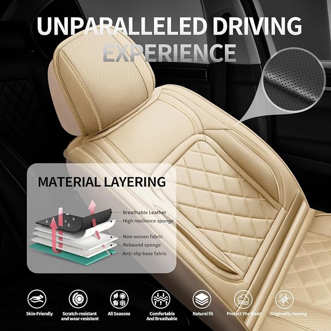 Fit Tundra Premium Leather Car Seat Covers for Toyota Tundra 2007-2025 2026 - Waterproof，Breathable，All-Weather Seat Cushion Protecto & Airbag Compatible, Full Set Beige - Image 2