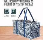 Extra Large Utility Tote Bag - Oversized Collapsible Reusable Wire Frame Rectangular Canvas Basket With Two Exterior Pockets For Beach, Pool, Laundry, Car Trunk, Storage - Geo Navy Blue - Image 5