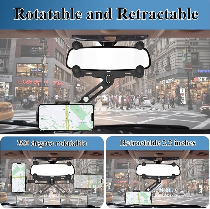 Car Phone Holder Mount, Rear View Mirror Phone Holder, Rotatable and Retractable Phone Holders for Your Car Compatible with iPhone Samsung All 4-7 Inch Cell Phones - Image 3