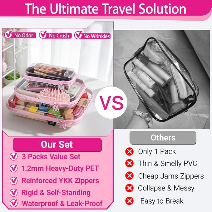 YQBRAO Clear Hard Shell Organizer Case Set, 3-Pack, Pink | Large, medium & small rigid PET organizers for beauty, travel, skincare and everyday organization - Image 2