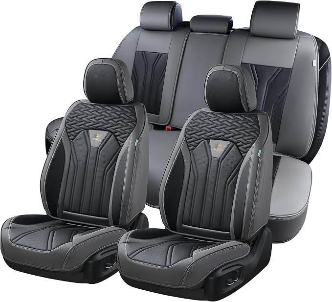 Leather Seat Covers, Seat Covers Full Set, Car Seat Protectors 5 Seats, Automotive Seat Covers Fit for Most Cars Trucks SUV- Gray&Black by FLORICH
