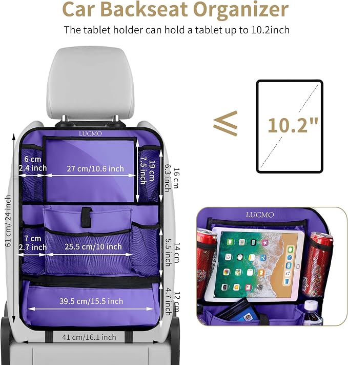 LUCMO Car Backseat Organizer with Touch Screen Tablet Holder, Dark Purple | 2 Pcs,9 Storage Pockets,Clear Tablet Holder,Protectors Kick Mats,Travel Accessories,Seat Cover,Road Trip Essentials - Image 6