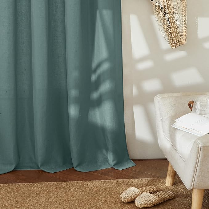RYB HOME Linen Sheer Curtains 2 Panels for Living Room, Semi Transparent Privacy Drapes with Rod Pocket Farmhouse Style Window Treatments for Bedroom, Teal Blue, 52" W x 84" L - Image 3