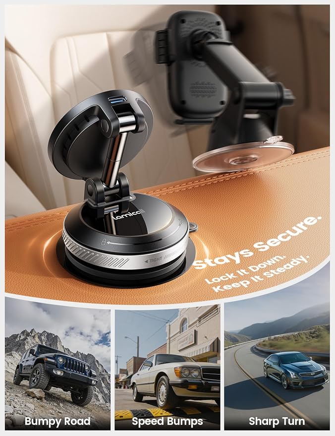 Lamicall 15W for MagSafe Car Mount Charger, 360° Wireless Car Phone Holder | Dual USB-C Ports Magnetic Phone Holder for Car, 70 LBS Vacuum Suction Phone Mount for iPhone 17 16 Pro Max Truck Jeep Silver - Image 3