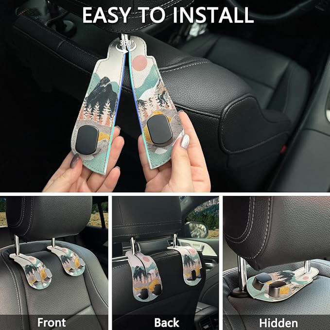 Blusabaca 2PCS Car Seat Headrest Hooks, Purses Bags Holder, Sunrise | PU Leather, Double Metal Back Storage Hangers for Grocery Bags Handbags Bottles Coats Phones, Car Accessories Organization - Image 6