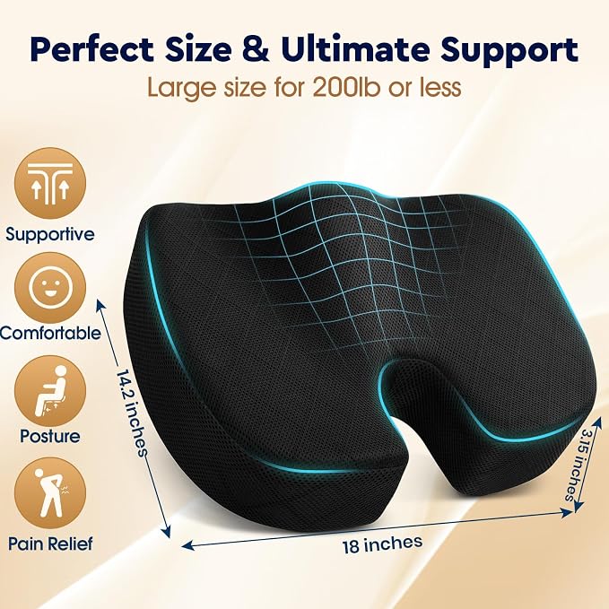 Office/Car Seat Cushion, Non-Slip Sciatica & Back Coccyx Tailbone Pain Relief Chair Pad, Memory Foam Butt Pillow for Computer Desk, Wheelchair, Driving (Black) (Pack of 2) - Image 2