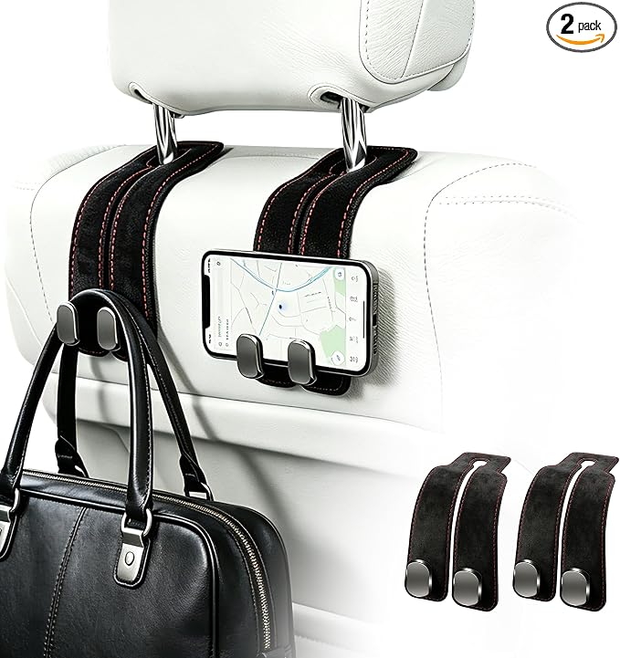 SUKIPIN Car Hooks, Car Seat Headrest Hooks for Purses and Bags 2-Pack Black | Car Accessories for Women, Solid Durable Construction, Quick Tool-free Mounting, Universal Fit for Most Vehicle Headrests by SUKIPINDirect