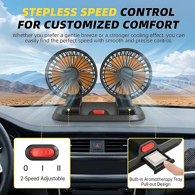 24V Dual Head Car Fan, Heavy Duty Truck Fan with 2 Speeds, 360° Rotatable Dashboard Air Circulator for Semi-Truck, Bus, RV, Excavator, Tractor, Cigarette Lighter Powered - Image 2