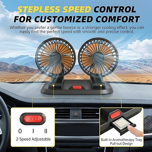 24V Dual-Head Car Fan, Heavy Duty 360° Rotatable Dashboard Fan with 2 Speeds, Powerful Cooling Fan for Truck Bus Semi RV Agricultural Vehicle - Image 8