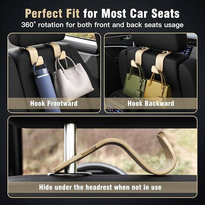 4-Pack Car Headrest Hooks Holds 55lbs Seat Storage Organizer for Bags | Durable ABS Material, 360° Rotating, Car Hanger for Backpack Umbrella Water Bottle Coat Handbags Groceries, Checkered Beige - Image 5