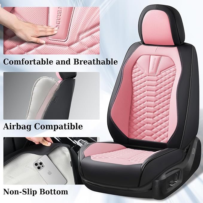 Coverado Seat Covers Full Set, Waterproof Nappa Leather Seat Covers for Cars, 5 Seats Universal Car Seat Protectors, Black and Pink Leather Car Seat Covers Car Seat Cushions Fit for Most Cars - Image 4