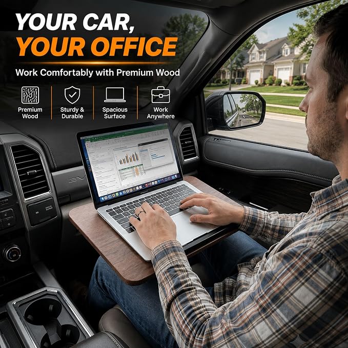Large Adjustable Car Desk with Premium Solid Wood Tabletop, Tilt & 360° Swivel Portable Workstation, Height Adjustable Mobile Car Desk for RV, Home Office, Reading, Gaming and Writing - Image 2