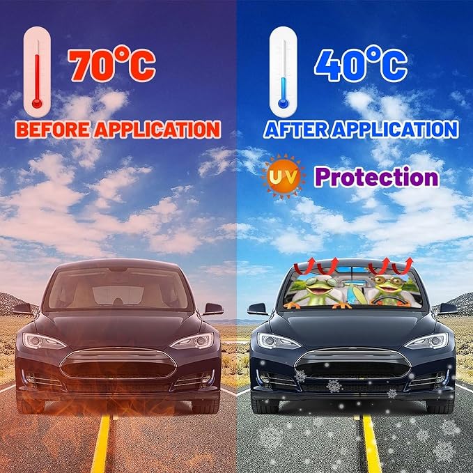 CHILL·TEK Funny Animal Car Windshield Sun Shade Umbrella, Frog Driving Car Sun Shade Umbrella, Block UV Rays Heat Foldable Windshield Umbrella Sun Visor Protector - Keep Vehicle Cool for Cars SUV - Image 3