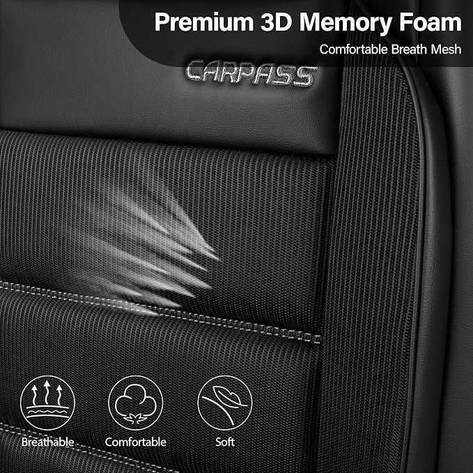 CAR PASS Memory Foam Seat Covers Full Sets, Airy Cool Mesh Thick Car Seat Covers, Leather Car Seat Covers 5 Seats Airbag Compatible, Universal Automotive Comfort for Most Cars, Trucks, SUV, Black - Image 5