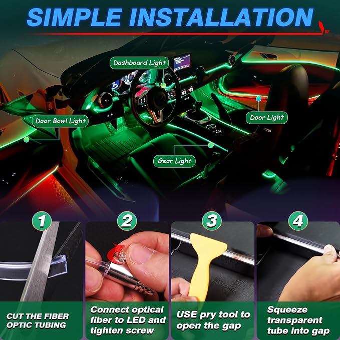 MICTUNING 8 in 1 RGB Interior Car LED Strip Lights, APP and Remote Control | Sound Active & Music Sync Mode, 16 Million Colors & 29 Dynamic Modes, Adjust Brightness, 400-Inch Fiber Optic - Image 6