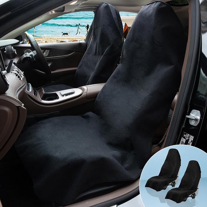 Prpeko 2PCS Terry Cloth seat Cover Universal Waterproof Car Sport Towel Seat Cushion Non-Slip Sweat-Absorbent Towel Cloth Suitable for Gym Workout, Universal Fit for Car SUV Van-Black - Image 2