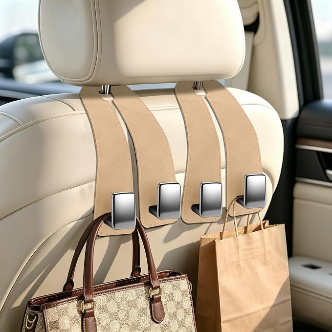 Amooca Car Headrest Hooks 4-Pack Suede Seat Organizer with Metal Core | Universal Fit, Double-hook Design, Backseat Storage for Backpack Umbrella Water Bottle Coat Purses Handbags Groceries, Beige - Image 2