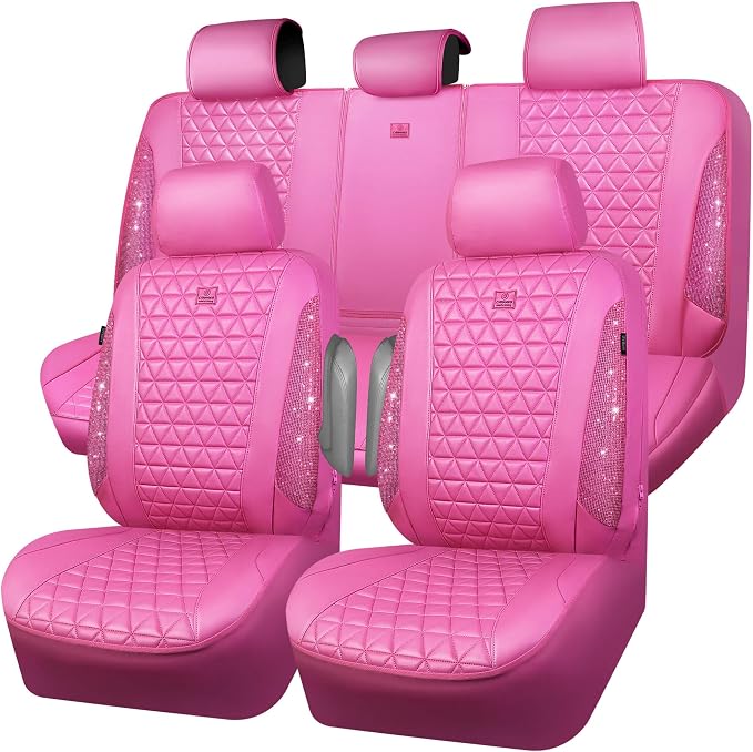 CAR PASS Hot Pink Bling Diamond Leather Car Seat Covers Full Sets, Waterproof Shining Glitter Sparkly Crystal Universal Armrest Fit for Automotive Truck SUV Cute Women Girl,Hot Pink Rhinestone by CARPASS