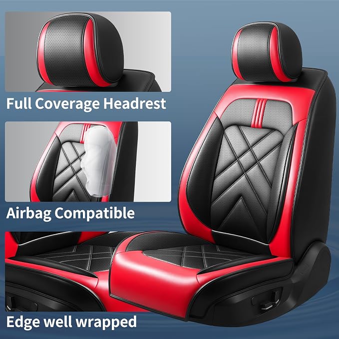 Rio Car Seat Covers Fit for KIA Rio 2014-2025 2026, Premium Full Coverage Leather Automotive Seat Protectors, All Seasons Waterproof Breathable, Airbag Compatible (2 Front Seats, Red Black) - Image 2