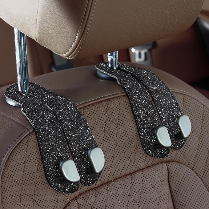 CoBak Purse Hook for Car - Universal Premium Stitched Leather and Aluminum-Magnesium Alloy Double Car Seat Back Storage Hook for Purses, Handbags, Bags (2 Pack),Glitter Black by PopulartabletcasebrandWegivepeoplethebestdesignofprotectingvariouselectronicdevices