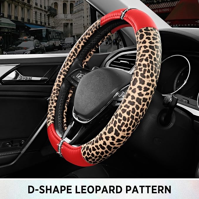 Road Comforts Leopard Steering Wheel Cover for Women, Cute Anti-Slip Microfiber Leather, Fits D Shape Flat Bottom Steering Wheel 14.5-15 Inch - Red - Image 6