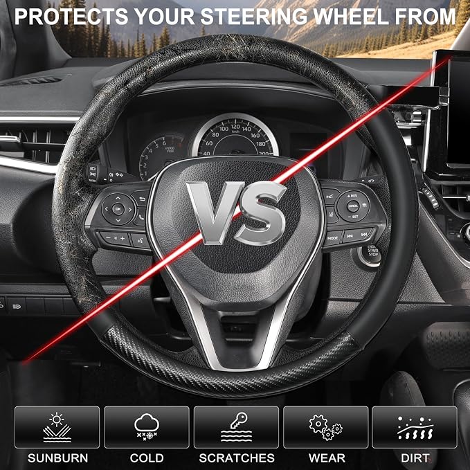 SEG Direct Steering Wheel Cover 14"-14.25" Heavy-Duty Black Carbon Pattern | For Model 3 / Y Prius Civic Camaro Rogue, Non-Folding Packaging, Heavy Duty, Microfiber Leather, Auto Interior Accessories - Image 4