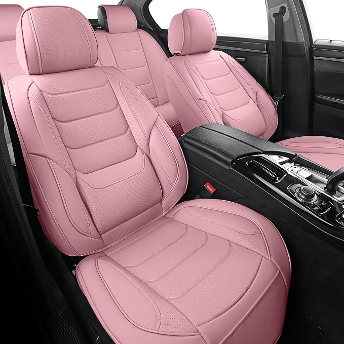 Leather Car Seat Covers Full Set Automotive Seat Protectors | Breathable Waterproof Durable Full Surround & Lumbar Support Design Non-Slip Universal Fit for Most Cars SUV Trucks Van Pink - Image 2