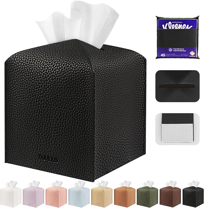 Tissue Box Cover Holder Square Tissue Cube Cover PU Leather Tissue Organizer with Bottom Belt for Bathroom, Tabletop, Car, Night Stands, Office, Home, Kitchen (1, Black) by DecorateYourHome
