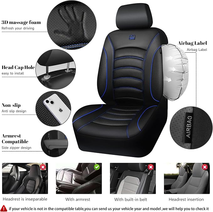 CAR PASS 3D Foam PU Leather Car Seat Covers, Universal Seat Covers Front 2 for Trucks SUV Sedan Automotive Seat Covers Armrest Airbag Compatible Waterproof Comfortable Faux Nappa Leather Black Blue - Image 3