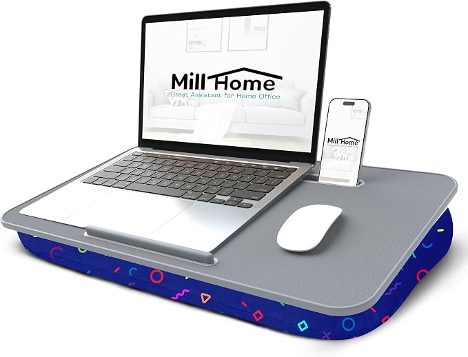 Lap Desk for Laptop with Cushion, Laptop Lap Desk, Cushion Detachable and Washable, fits up to 17 inch, with Tablet Slot and Stopper, MillHome (Geometric) by MillHome